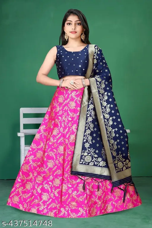 Soft silk and art silk traditional Lehenga Choli collection for girls, featuring semi-stitched Banarasi Jacquard Silk Lehenga with inner cancan & canvas, heavy brocade fantom silk ready padded blouse, and heavy Banarasi Jacquard Silk Dupatta. Available in sizes up to 42 inches