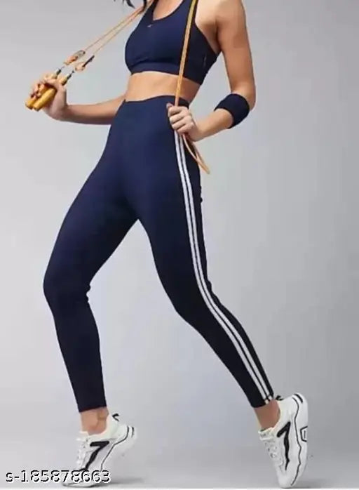 blue double pati 2500 Lycra printed net workout trousers for women, stretchable striped jeggings with ankle length, free size 28-34 inch (Waist: 29in, Length: 36in)