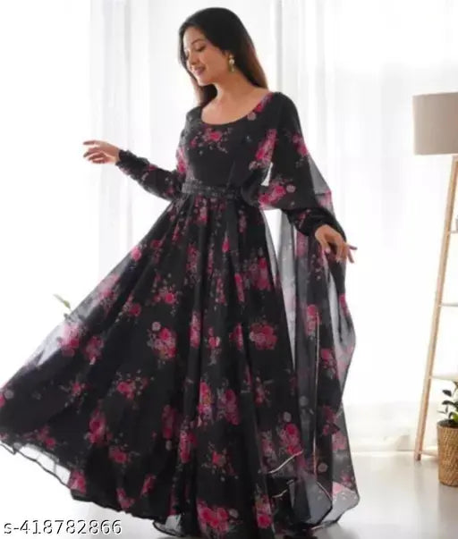 Georgette printed net long-sleeve fancy gown, vibrant design on Indian origin