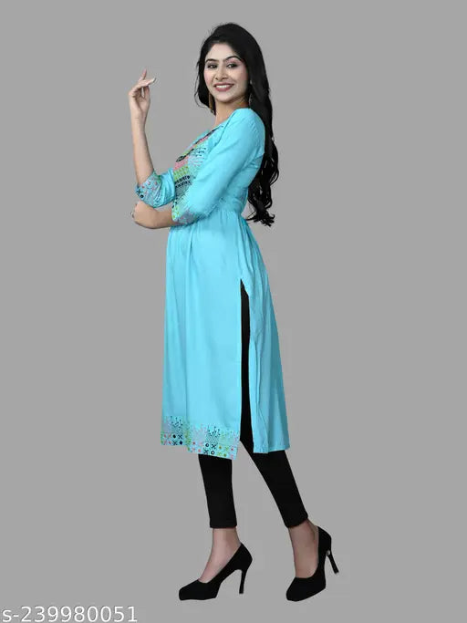 Teal, long-sleeved, knee-length, embroidered kameez