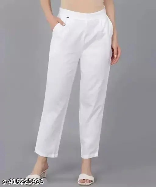 White cotton straight fit pants for women trendy chino style