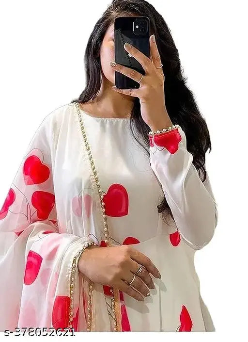 Georgette heart print maxi gown & dupatta with moti lace, Indian fashion in faux style for M-XXXL sizes