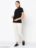 Black cotton polo neck t-shirt for women, SHARKTRIBE brand, solid design with short sleeves