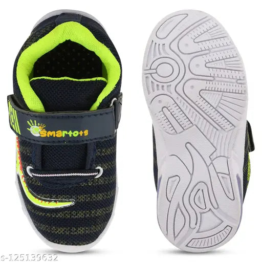 A pair of blue and black kids' running shoes with LED lighting