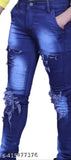 Blue distressed denim jeans with black stitching