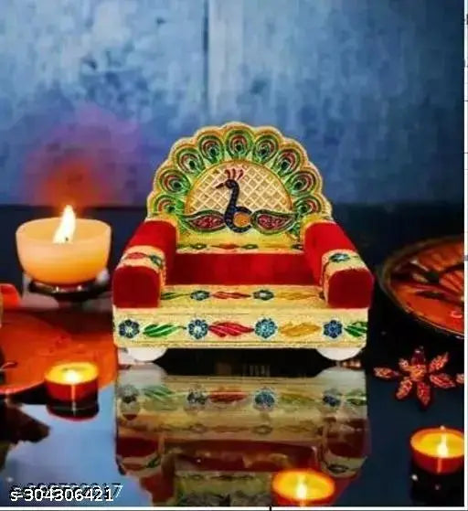 Red wooden Krishna Sinhasan, all-purpose chowki for home decor, directly from Mathura Vrindavan