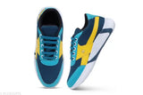 Blue and yellow sneakers with white soles
