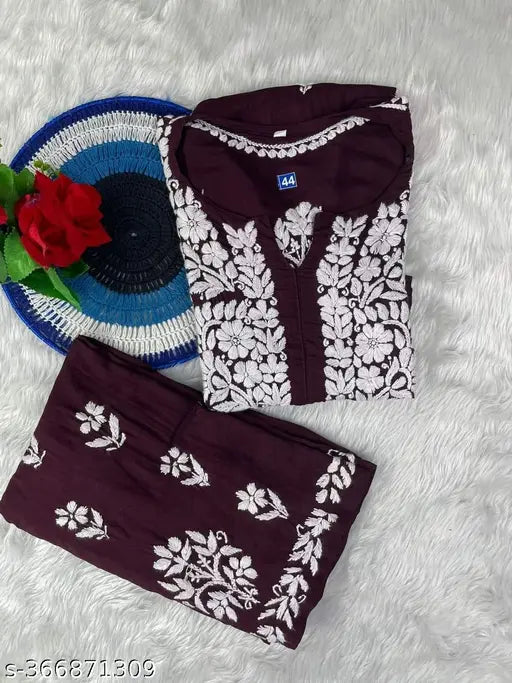 Rayon embroidered kurti with palazzo, traditional Lucknowi wear in wine color