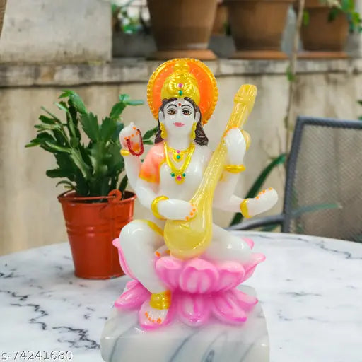 Multicolored marble Saraswati idol, 12cm x 12cm x 20cm, ideal for home temple decor and festival pujan