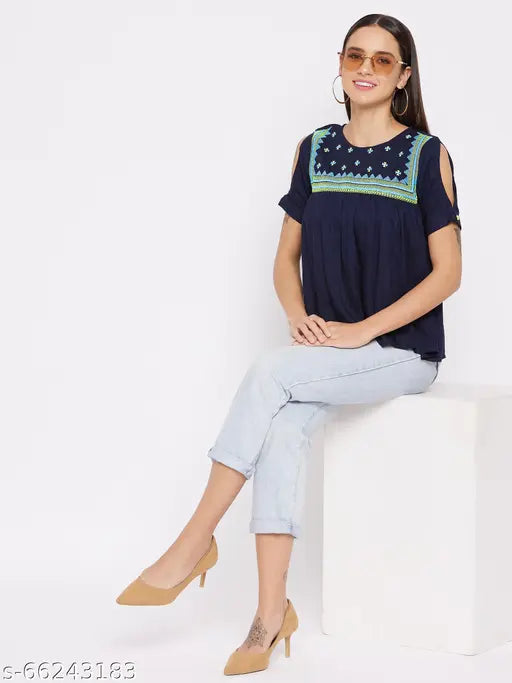 Navy-Blue rayon embroidered A-line top in WineRed and navy blue - perfect for every occasion, suitable for pairing with jeans, skirts, or trousers. Comfortable short sleeves and round neck design. Made in India