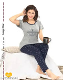 Printed cotton hosiery night suit, trendy round neck and short sleeves, fun geometric patterns, above-knee length