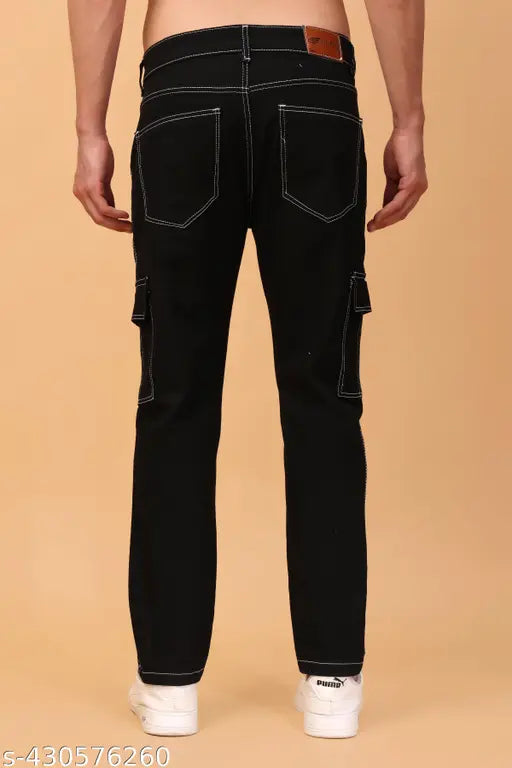 Black cotton-blend mid rise jeans with six pockets, perfect for work and casual wear, fitted cut, two large cargo pockets on thighs, durable and breathable