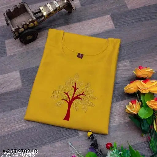 Yellow, cotton kurta with tree design on right chest area