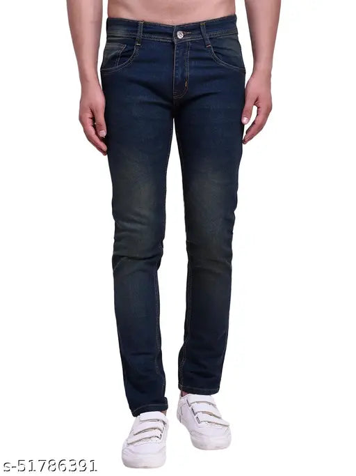 Dyed/washed polycotton slim-fit men's jeans, elegant latest style. Men's size 30 (waist 30", length 43"), India origin