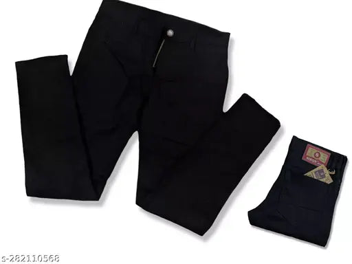 Trendy black polyester jeans for all seasons, solid pattern, size 28, 30, or 32 on display