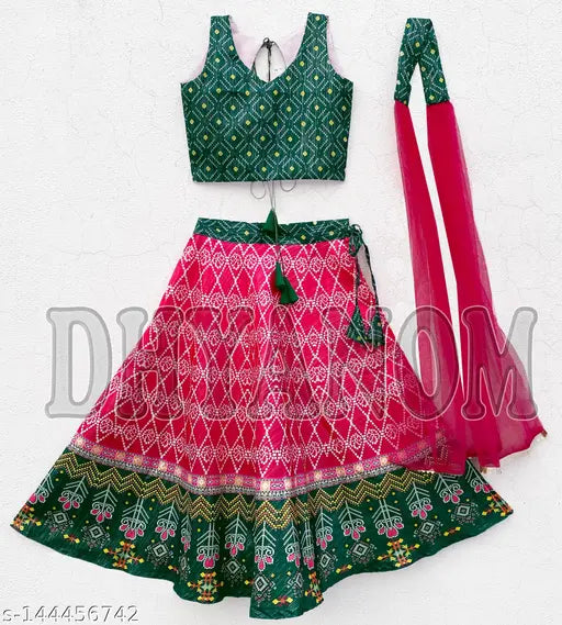 Art Silk Bandhani Lehenga Choli with Net Dupatta, fully stitched and ready-to-wear for kids aged 6 to 14 years. Indian origin, side zipper blouse, no inner fabric required due to thinner lehenga fabric