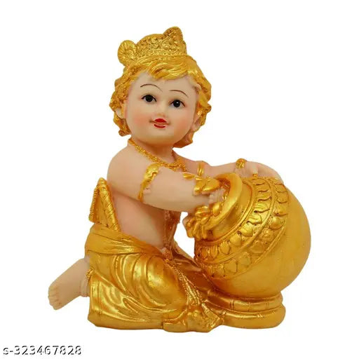 Handcrafted golden Krishna statue, 11cm x 14cm, Indian resin art, perfect living room showpiece or gift