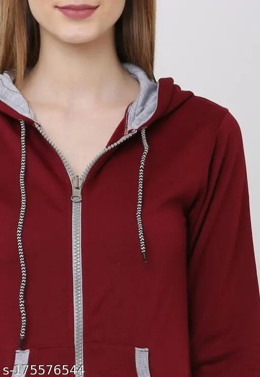 Plain black fleece zipper hoodie jacket with contrast maroon color, long sleeves