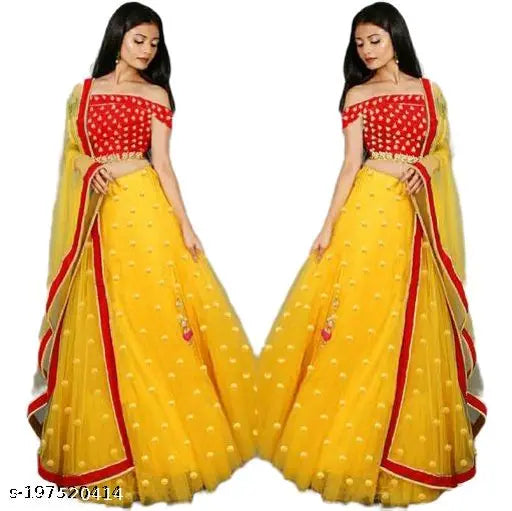 Red embroidered net lehenga choli set with satin blouse and lace dupatta, Indian wedding attire for women
