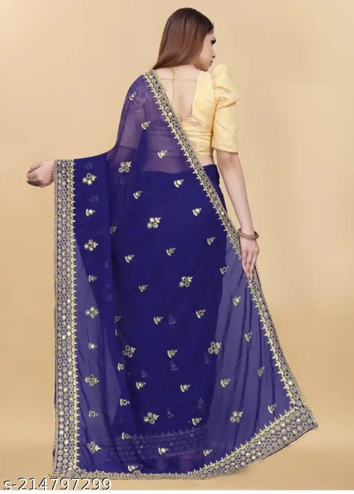 Blue georgette saree with golden paisley designs, long length