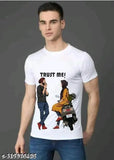 White polyester men's t-shirt with short sleeves, featuring a printed couple design. Made in India