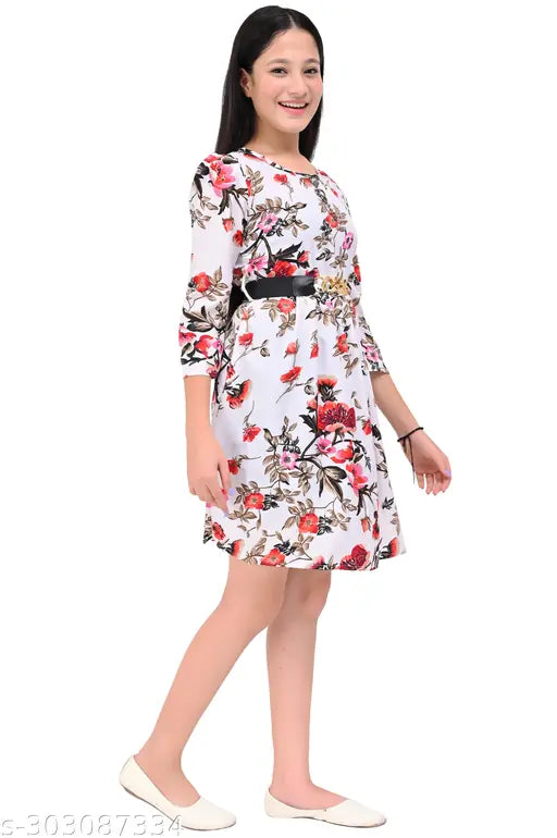 Girls multicolor flare dress, short sleeve, belted waist, midi length