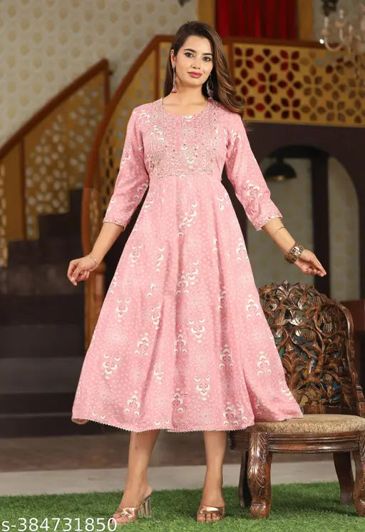 Rayon embroidered Anarkali Kurta for women's traditional wear, three-quarter sleeves, L (40 in bust), India-origin