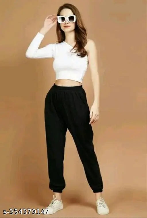 Black cotton blend women's jogger track pant, solid pattern winter wear for active lifestyle