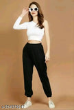 Black cotton blend women's jogger track pant, solid pattern winter wear for active lifestyle