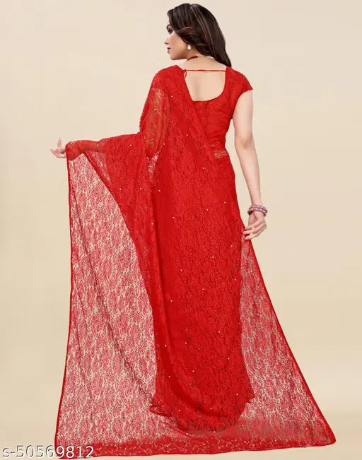 Red dyed net piping saree by SIRIL Rasel, embroidered Indian free size