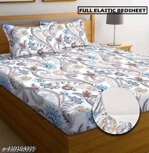 Attractive and gorgeous botanical-print double fitted Glace cotton bedsheet with 2 pillow covers (72"x78" - black & blue), elastic-fitted for adult use in summer or mild winter seasons, made in India
