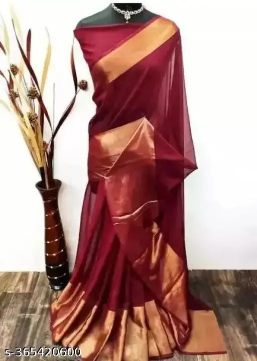 Chiffon golden south Indian zari saree with matching running blouse, free size, 5.1m length