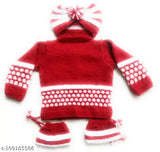Handmade unisex red & white woolen knitted baby sweater set (3pcs suit) for 0-6 months, perfect for winter/semi winter, embroidered net pattern