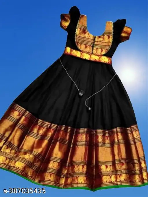 Pink and gold Banarasi silk Patola print maxi gown for girls, traditional full length with round neck, suitable for weddings and special occasions