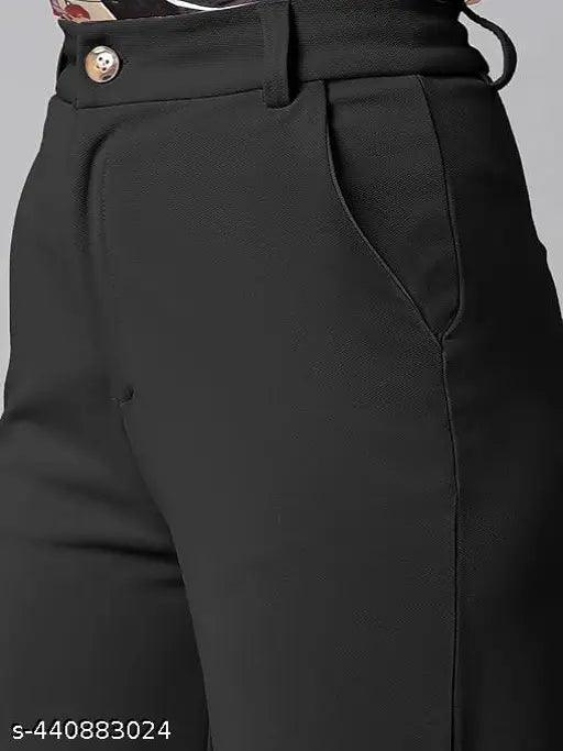 Black wool blend formal women's straight-leg trousers