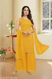 Yellow faux georgette with embroidered sequence work kurta, stitched with sharara and dupatta
