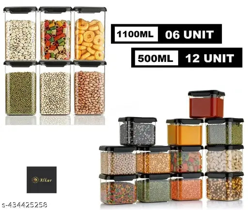 Clear plastic air tight square kitchen storage container set, pack of 18, 1100ml and 500ml capacity