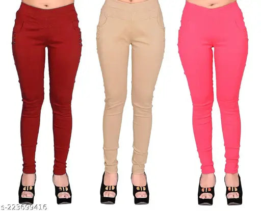 Maroon stretchable Lycra jeggings pack of 3 for women. Cotton blend, solid pattern, pockets, trendy fashion wear. Sizes: 28/28in-38in-34in; 30/30in-38in-36in; 32/32in-39in-38in; 34/34in-40in-40in; 36/36in-40in-42in. Made in India