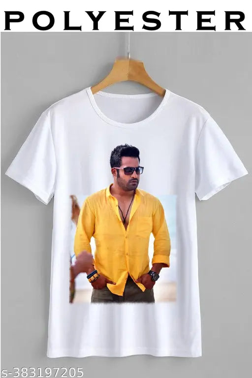 Printed net short-sleeve yellow polyester top, India origin