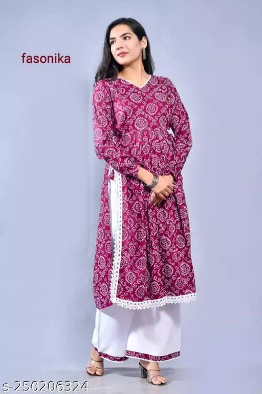 Rayon bandhani naira kurta set with white palazzos, printed net design for women, India-made fashion