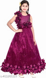 Purple net ethnic gown for girls, trendy sleeveless dress with flower patch, Indian party wear for fancy functions