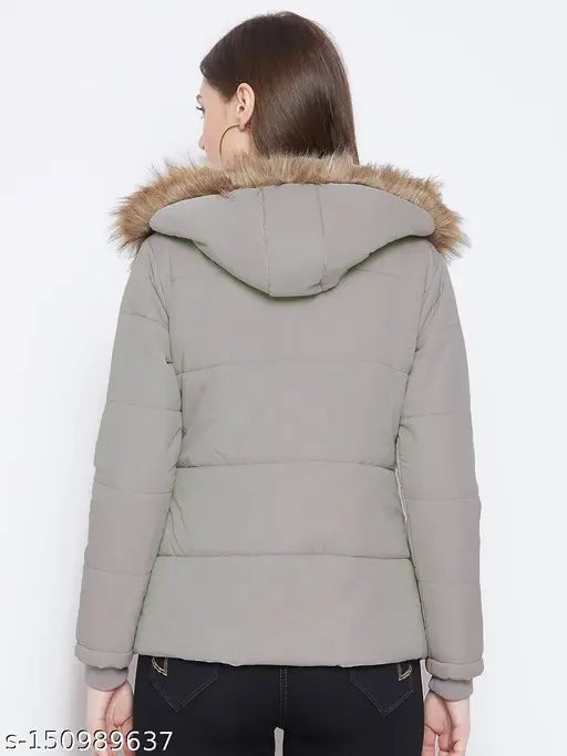 Grey women's polyester parka jacket, solid design with long sleeves, Vero Amore brand, quilted with quality polyfill, detachable faux fur hood, 3 pockets (1 inside, 2 outside), size L-XXXXL, India origin