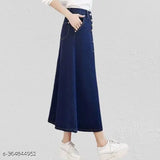 Navy blue denim skirt with side pockets and back button closure