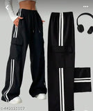 Black pocket cargo trousers with white stripes, elastic waist, loose fit.