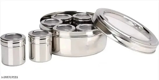 Visaxmi stainless steel spice box, see through lid, set of 7, silver utensil compartment, 1500ml capacity