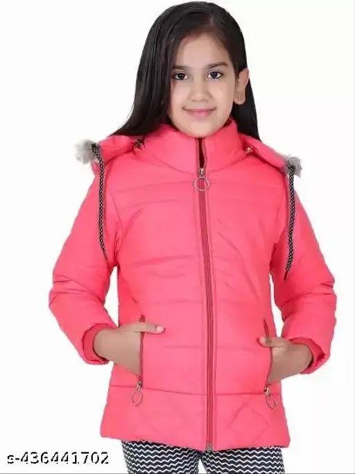 Pink faux fur hooded jacket with zip front closure