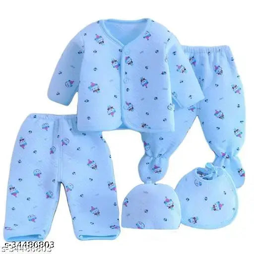 Blue unisex baby fleece suit, cartoon print infant winter wear with cotton mix wool, perfect for newborn to 4 months