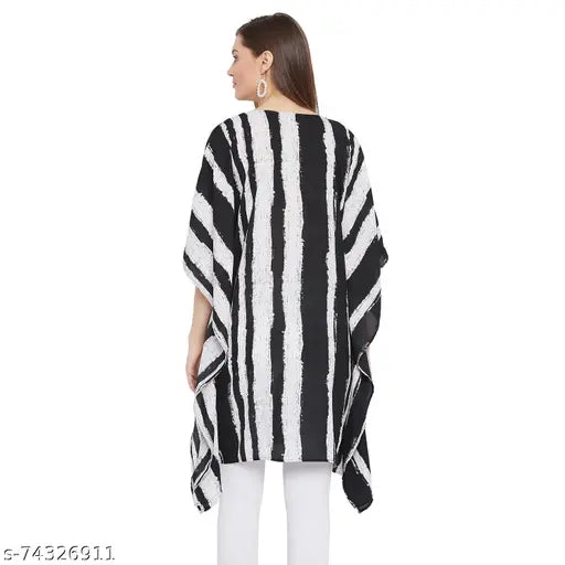 White and black stone-worked Georgette kaftan top, short sleeves, embellished net pattern. Women's summerwear from Rain Tree, India