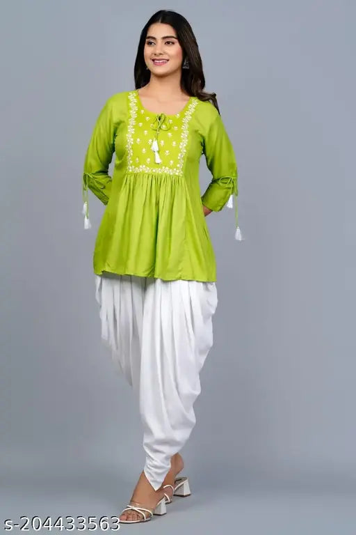 Rayon GIRAL top and dhoti set for women, embroidered with three-quarter sleeves, available in S, M, L, XL, XXL, XXXL sizes. Indian handcrafted ethnic clothing on display