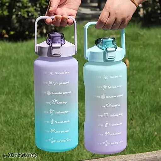 Blue non-toxic 2 liter motivational Heet water bottle with time markers, leak-proof flip top lid and silicone straw